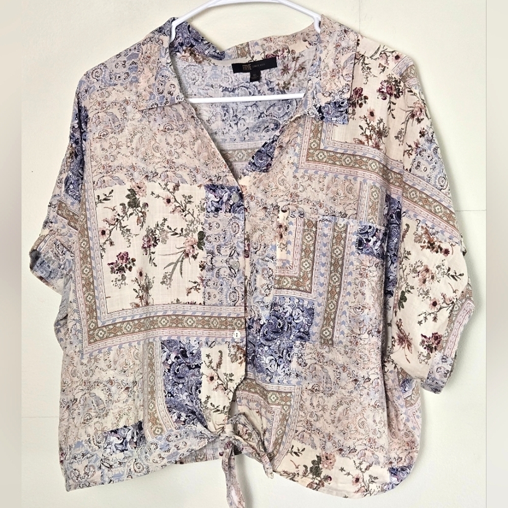 Frye Boho Patchwork Art To Wear Tie Front Oversize Top, XL